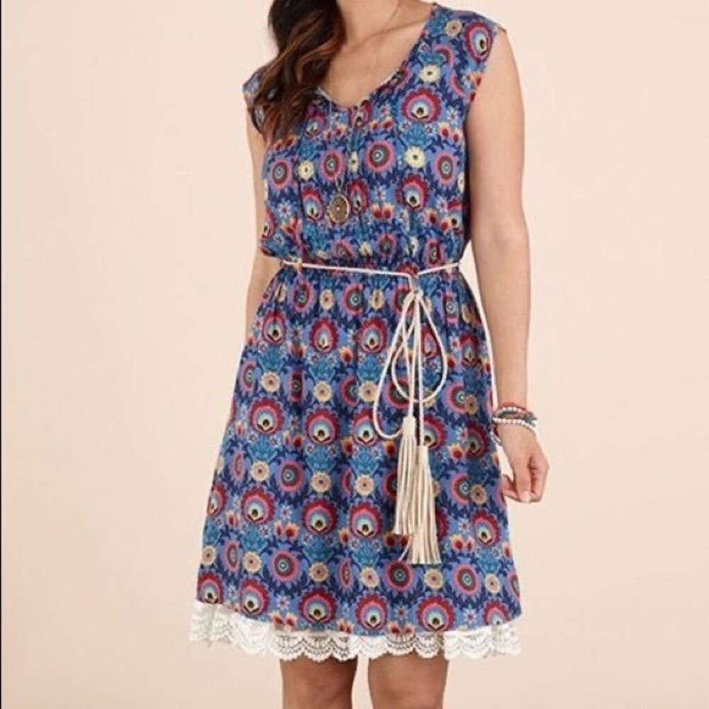Matilda Jane XS Blue Floral Dress Fit Flare Short Sleeve Keyhole SPLENDID
